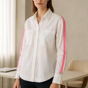 Halogen White Button Down Shirt with Hot Pink Ribbon Trim | Size S